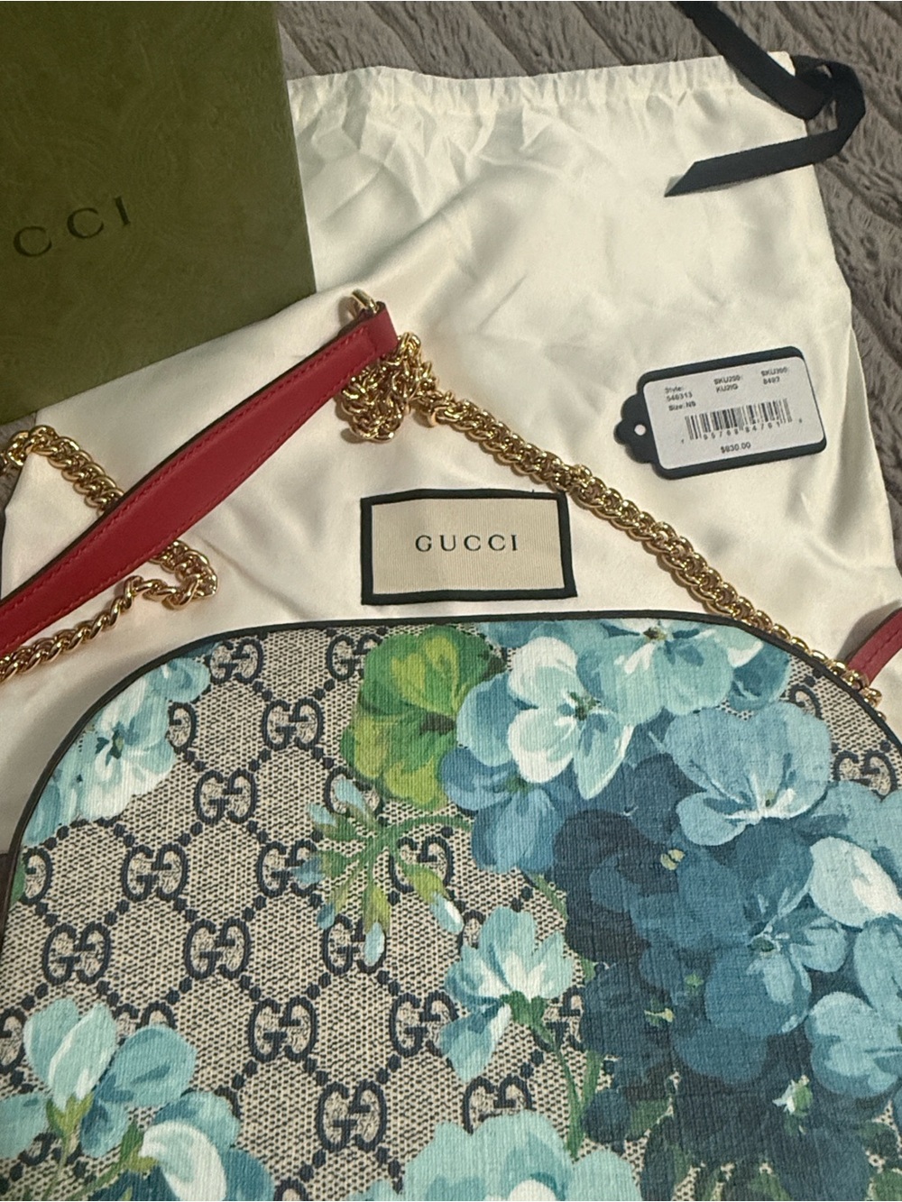 Gucci Blue Floral GG Canvas Crossbody with Red Strap